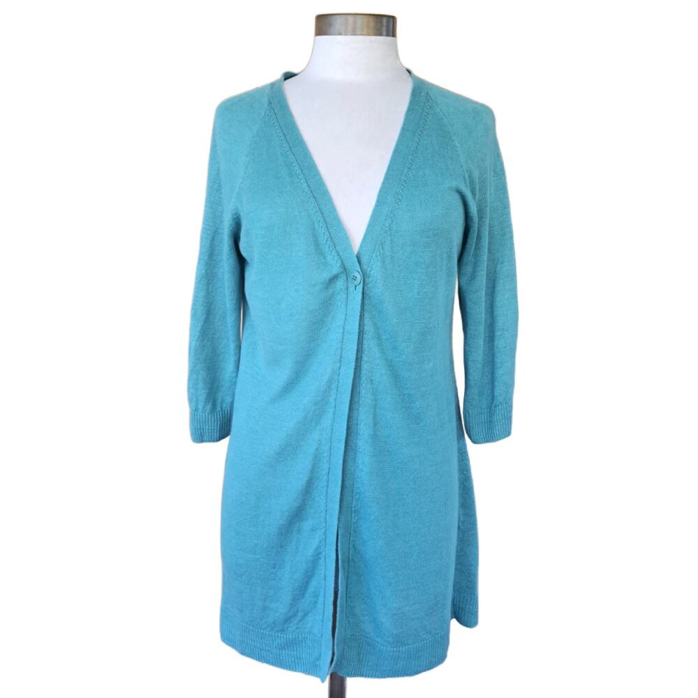 LAFAYETTE 148 100% Linen Cardigan Small Lightweight 3/4 Sleeve Long Turquoise